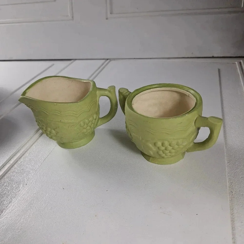 Arnels Vintage Creamer & Sugar Cup Grape Design Green Pottery